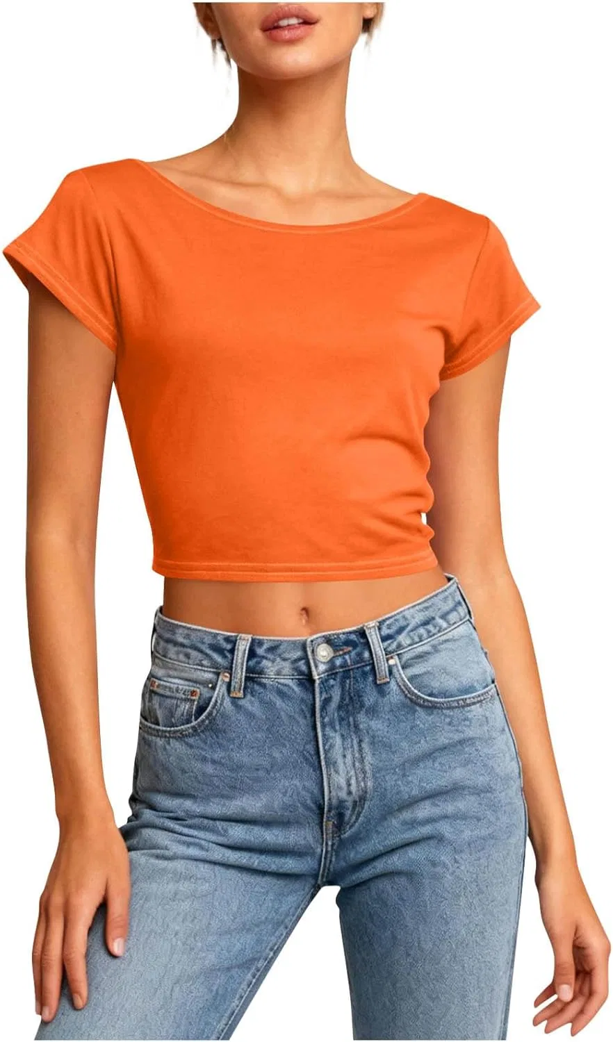 Женская свободная футболка с открытой спиной Boat Neck Short Sleeve, Orange — фото 2
