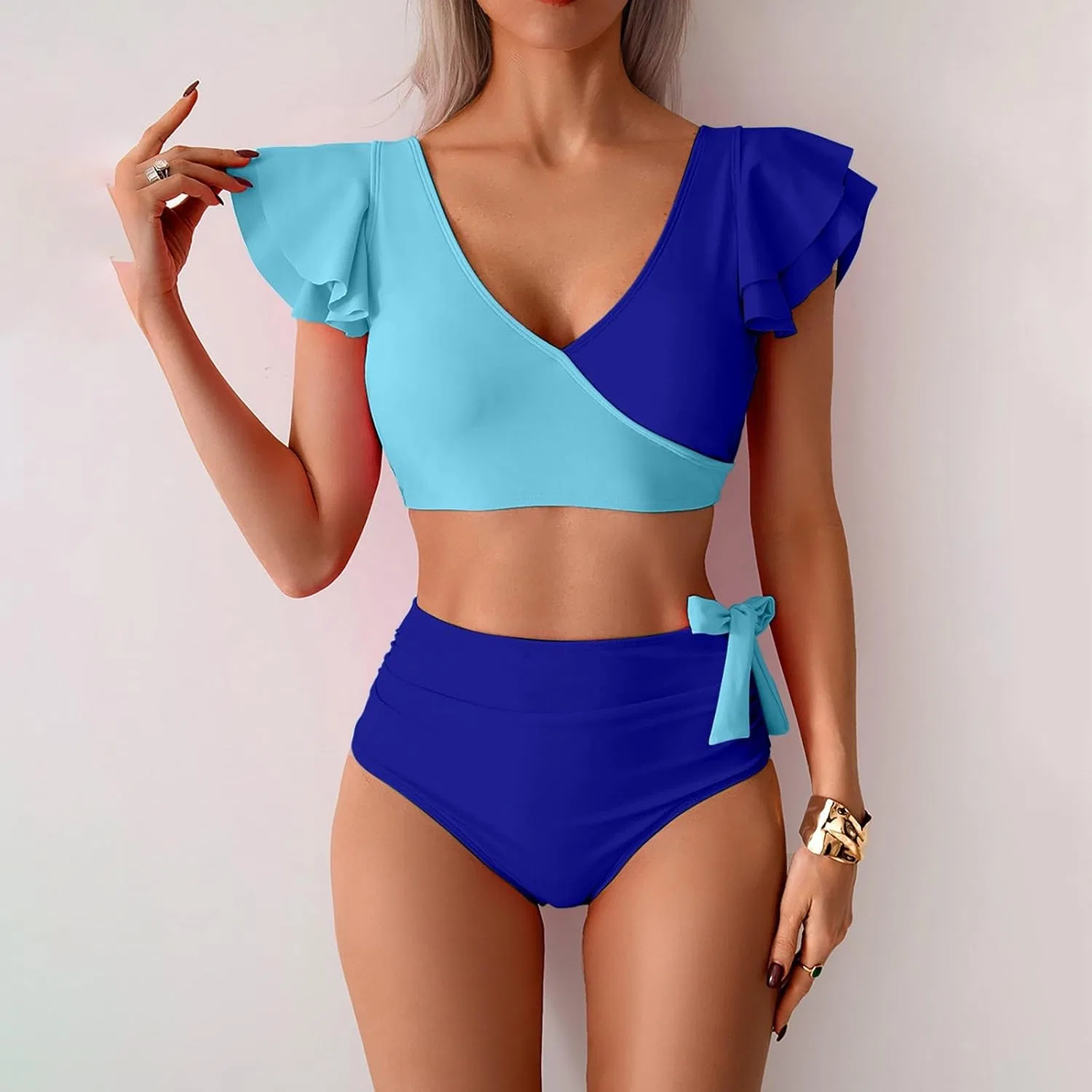 Женский бикини-комплект с рюшами Push up Tank Top и High Waisted Shorts, Blue — фото 2