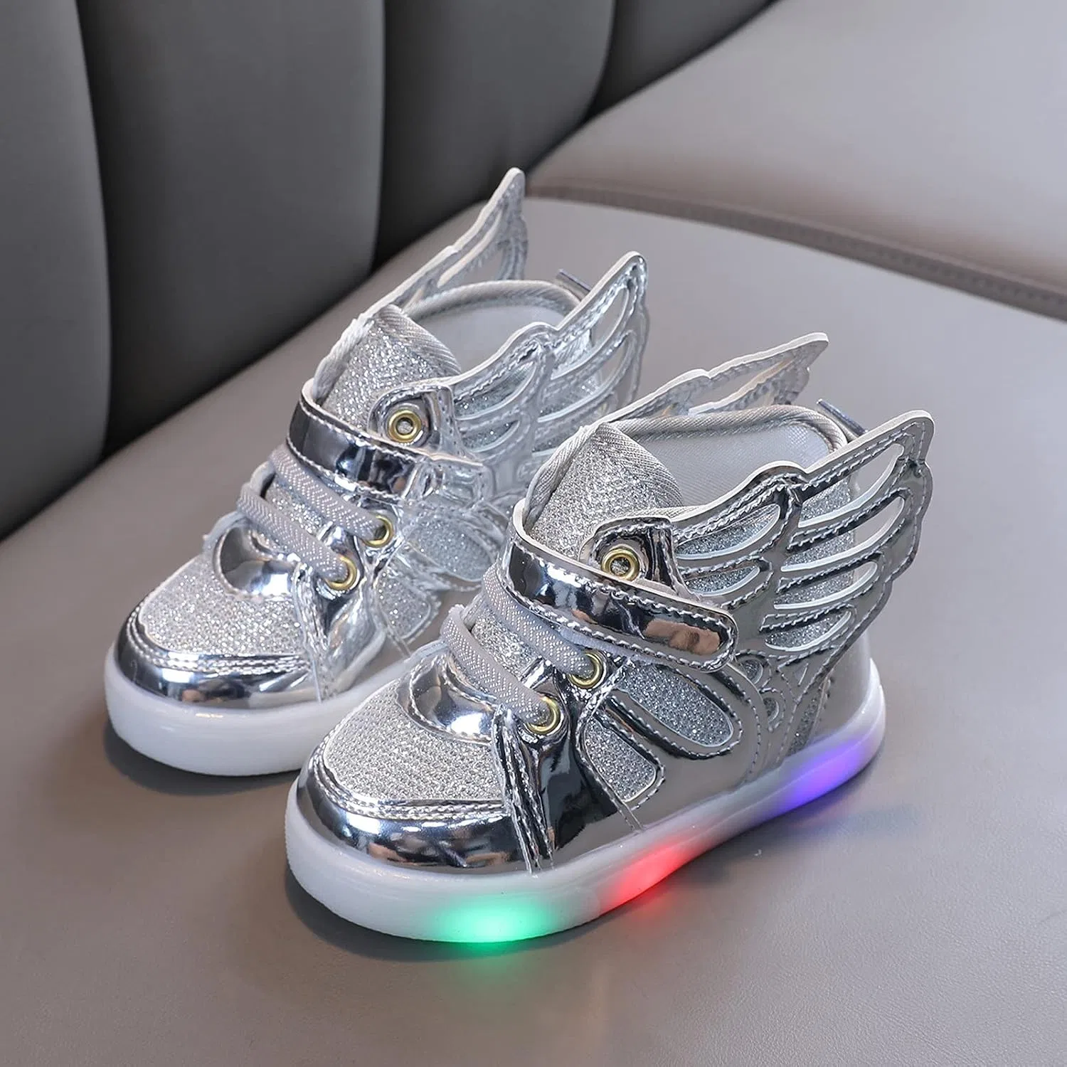 Детские кроссовки для девочек с подсветкой и принтом крыльев, Silver — фото 3