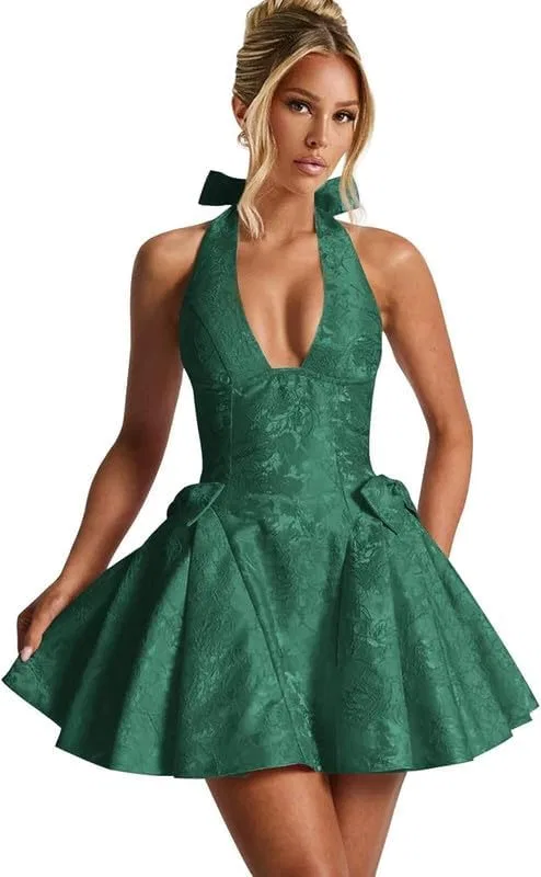 Женское короткое платье с бантом на шее Satin, Hunter Green