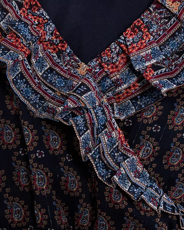 Детский топ с длинным рукавом с воланами и принтом пейсли Aqua, Navy Paisley — фото 3