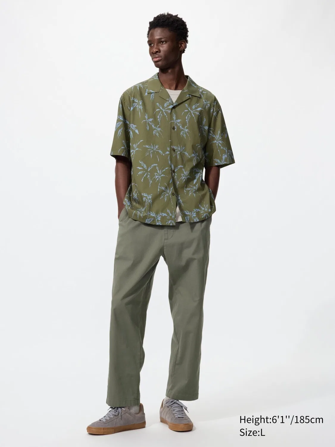 Рубашка Uniqlo, короткий рукав с принтом и открытым воротником, оливковый — фото 2