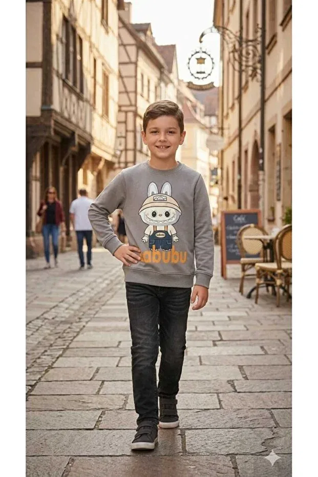 Детские свитшот для мальчиков с принтом Labubu Printed Stoper, Gray