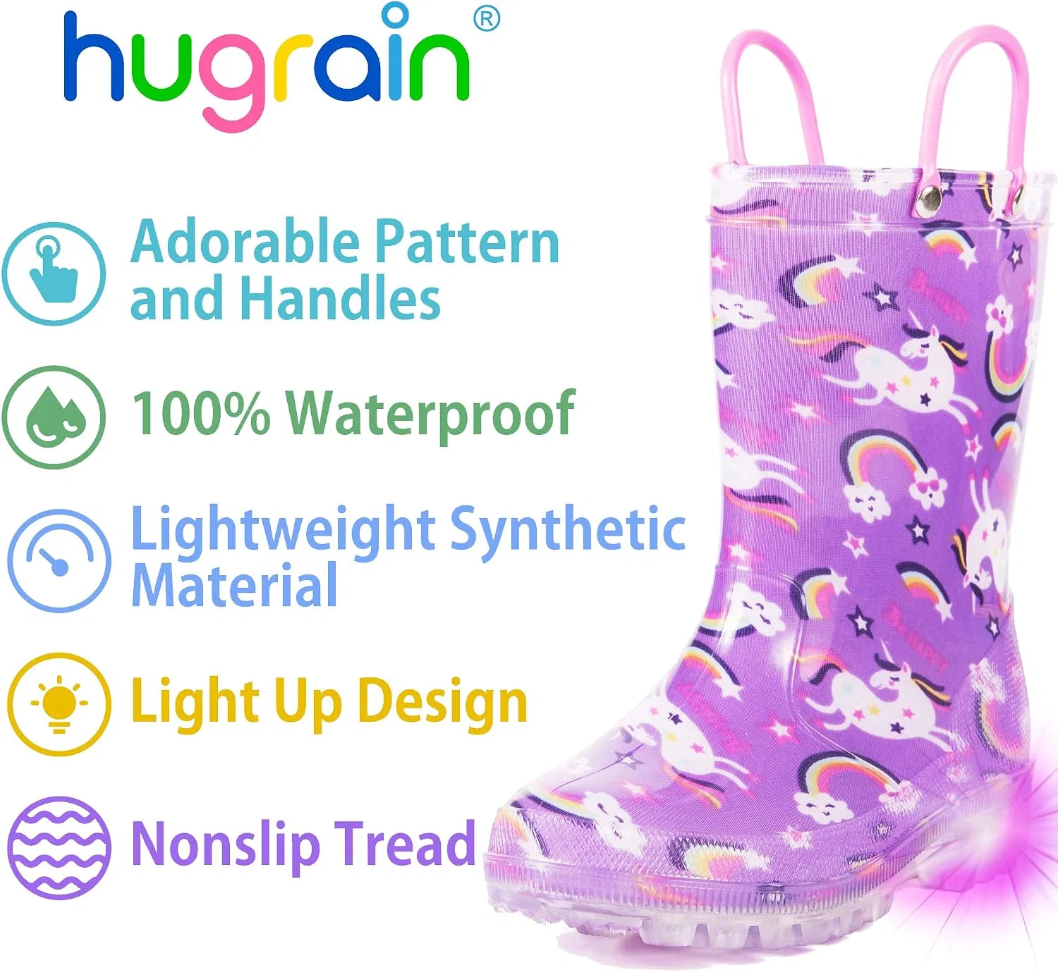 Детские сапоги для девочек с подсветкой HugRain, Purple Unicorn Lights — фото 3