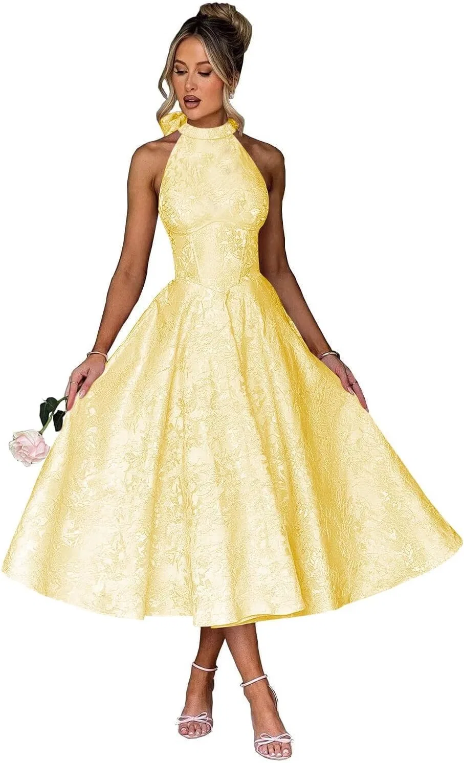 Женское вечернее платье A-силуэта с бантом Jacquard Satin, Yellow