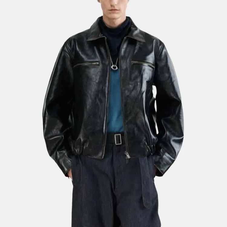 Мужская куртка из кожи с лацканами Black/Brown ZARA — фото 4