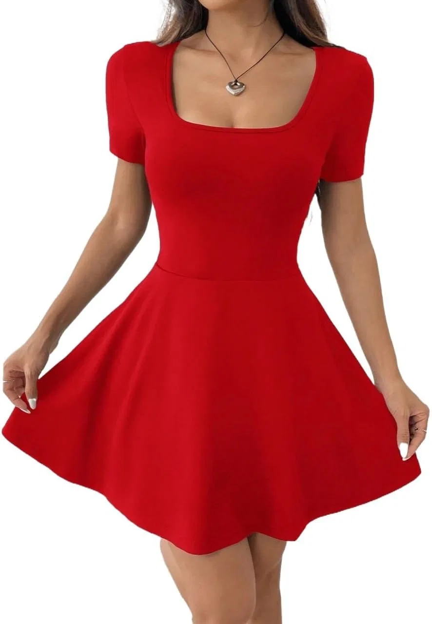 Женское мини-платье трапеция с длинным рукавом Knitted Fabric, Red