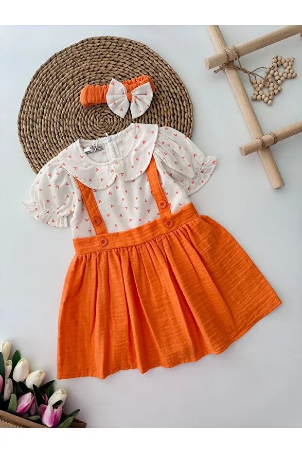 Детское платье для девочек с принтом My Little One's Cicileri Heart Printed Muslin Girls' Elnise and Bandana Minigimin Cicileri, Orange