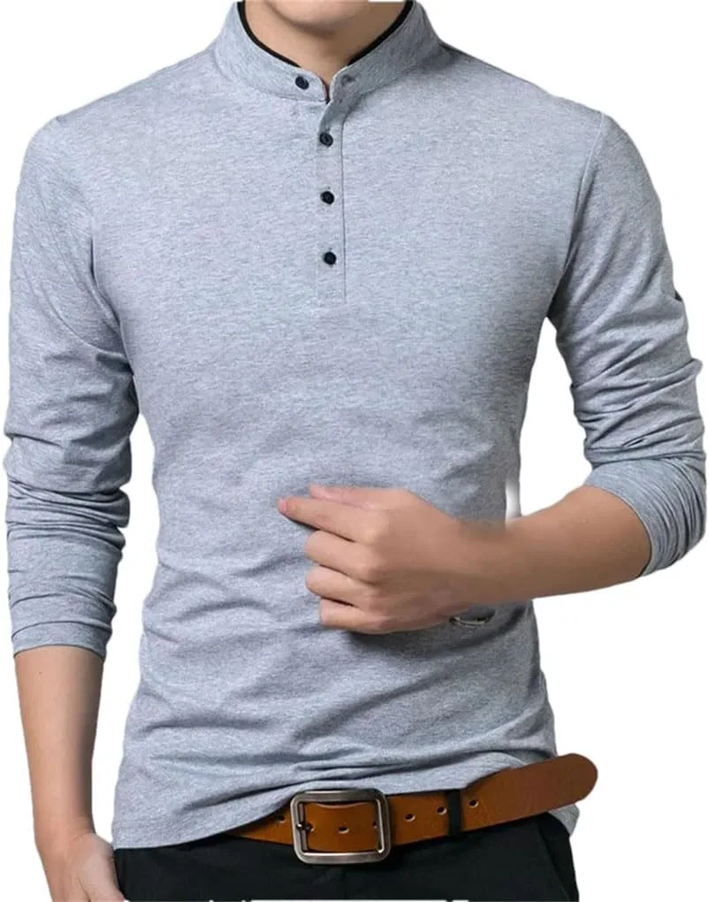 Мужская классическая футболка с длинным рукавом V-образным вырезом, Solid, Gray