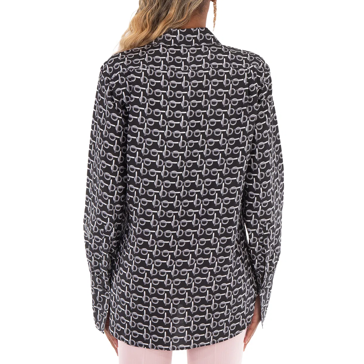 Шелковая рубашка с классическим воротником B Jacquard Burberry, Silver/Black — фото 3