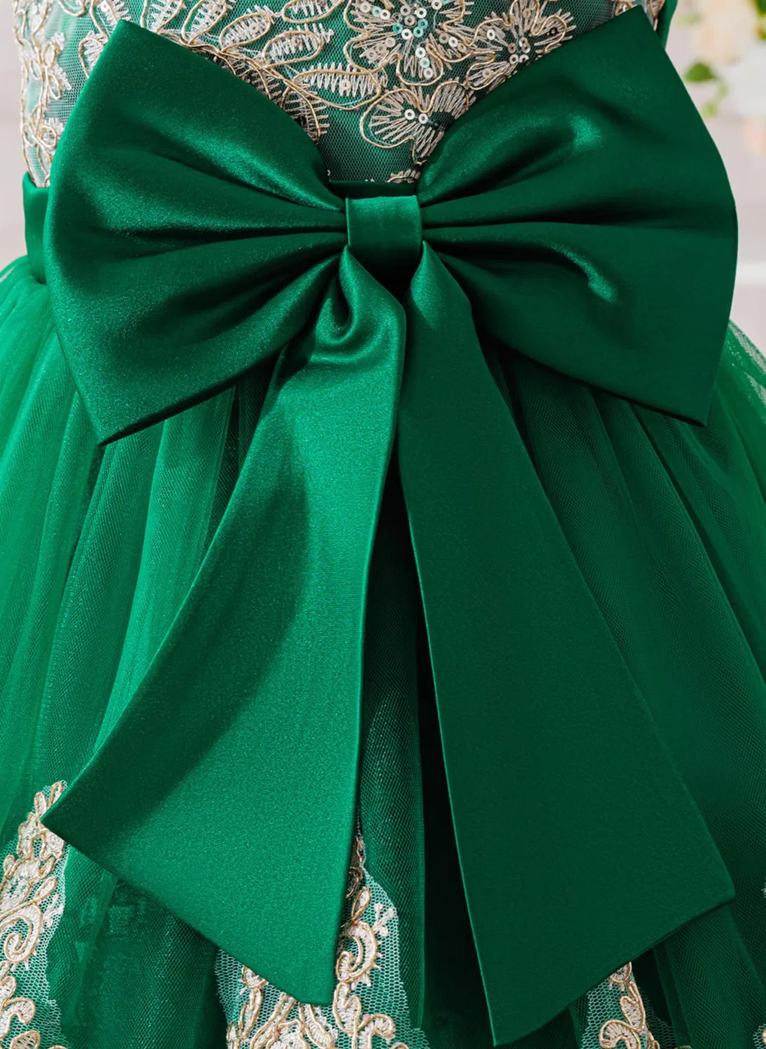 Платье с вышивкой и бантом, модель Girls green embroidered bow party dress, Babyqlo, изумрудный — фото 4