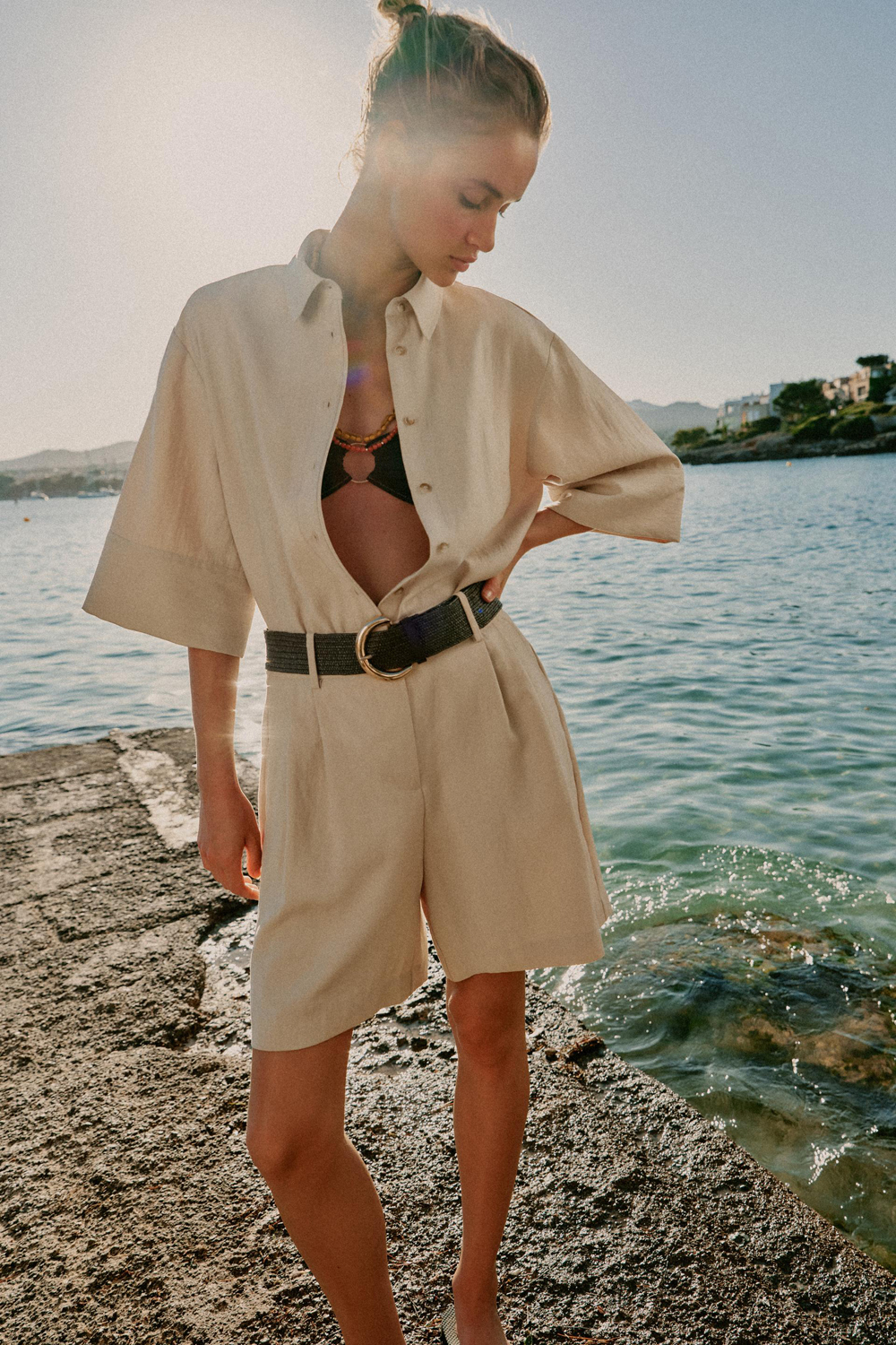 Рубашка Zara Short With Wide Sleeves, бежевый — фото 4