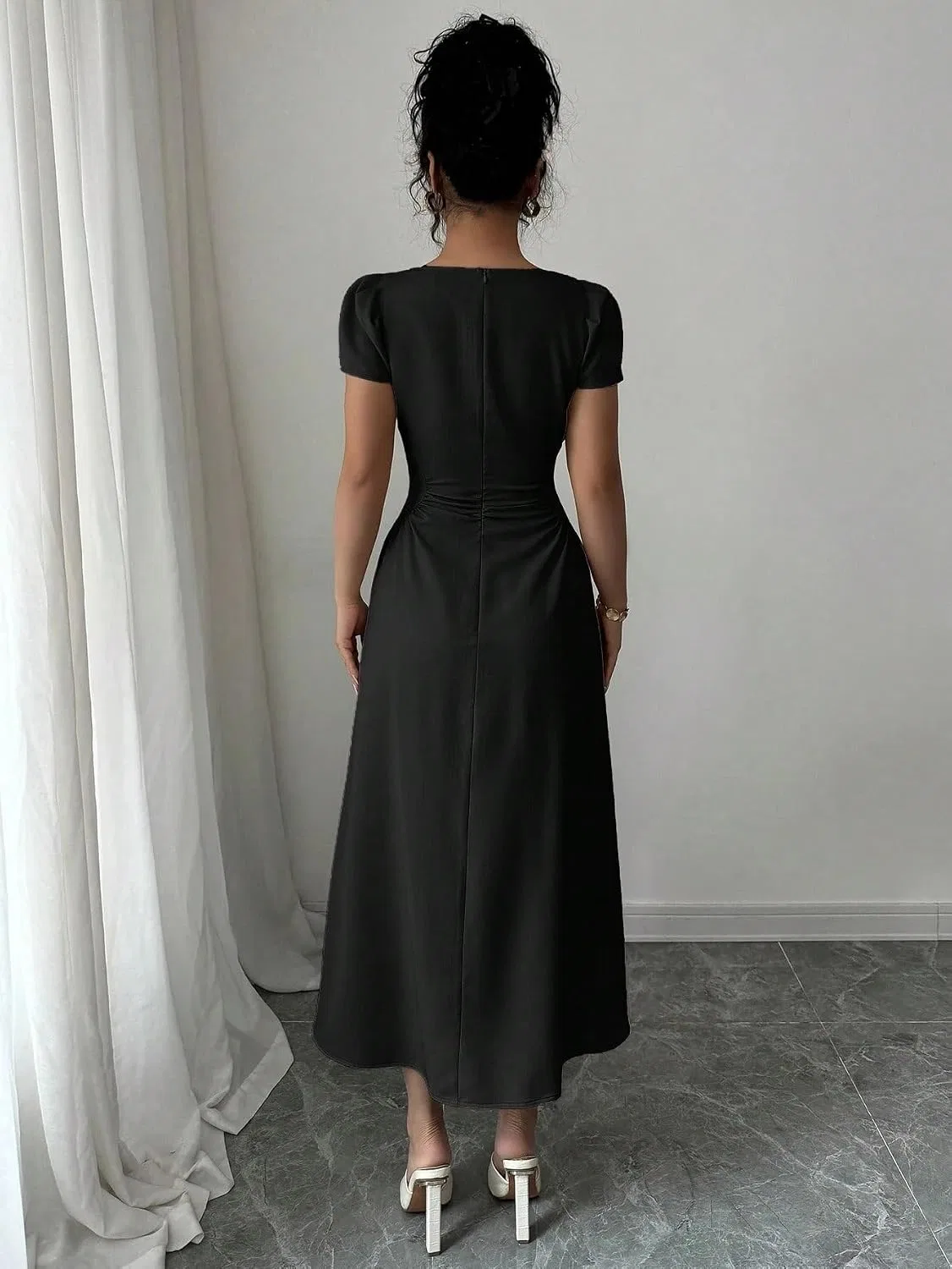 Женское элегантное платье A-силуэта с коротким рукавом, Black — фото 2