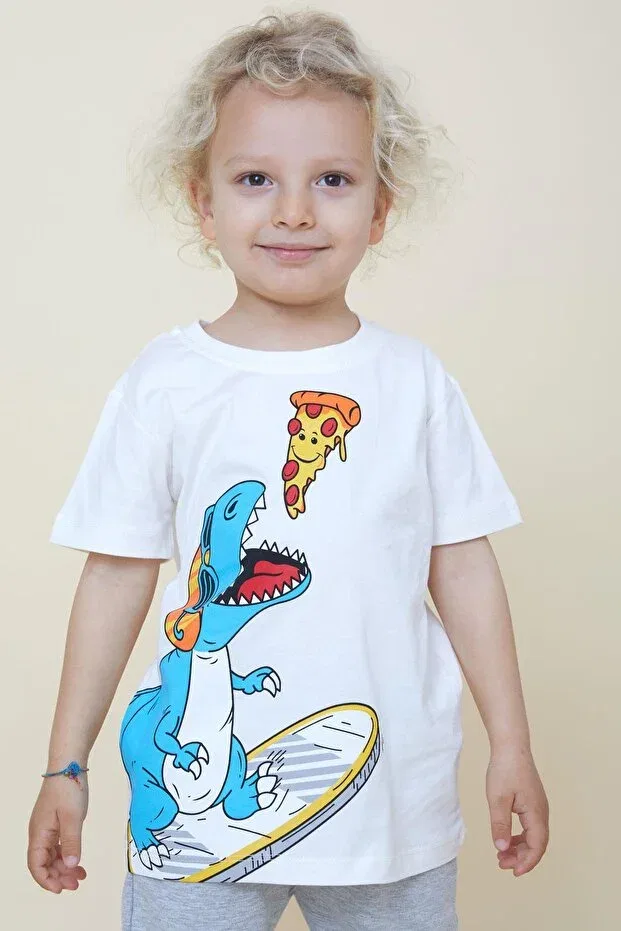 Детская футболка с принтом Happy Dinosaur Eating Pizza Breeze, Ecru