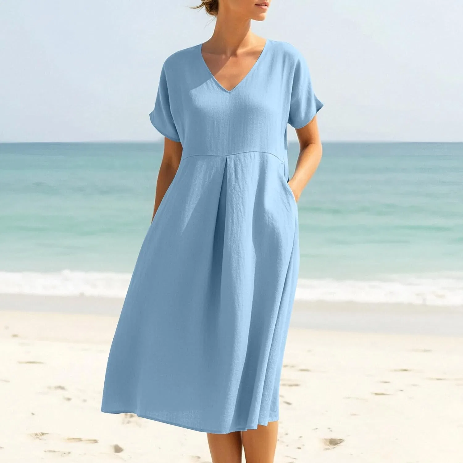 Женское свободное платье миди с V-образным вырезом из льна, Light Blue — фото 2