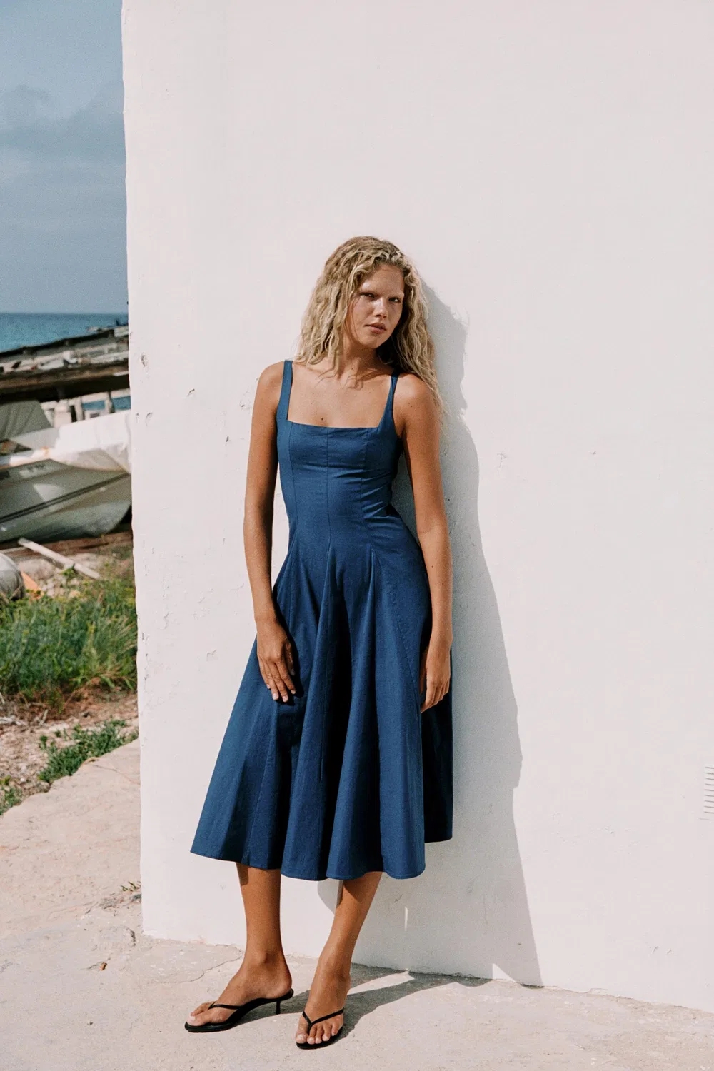 Платье миди Popelin Godet ZARA, Navy blue — фото 3
