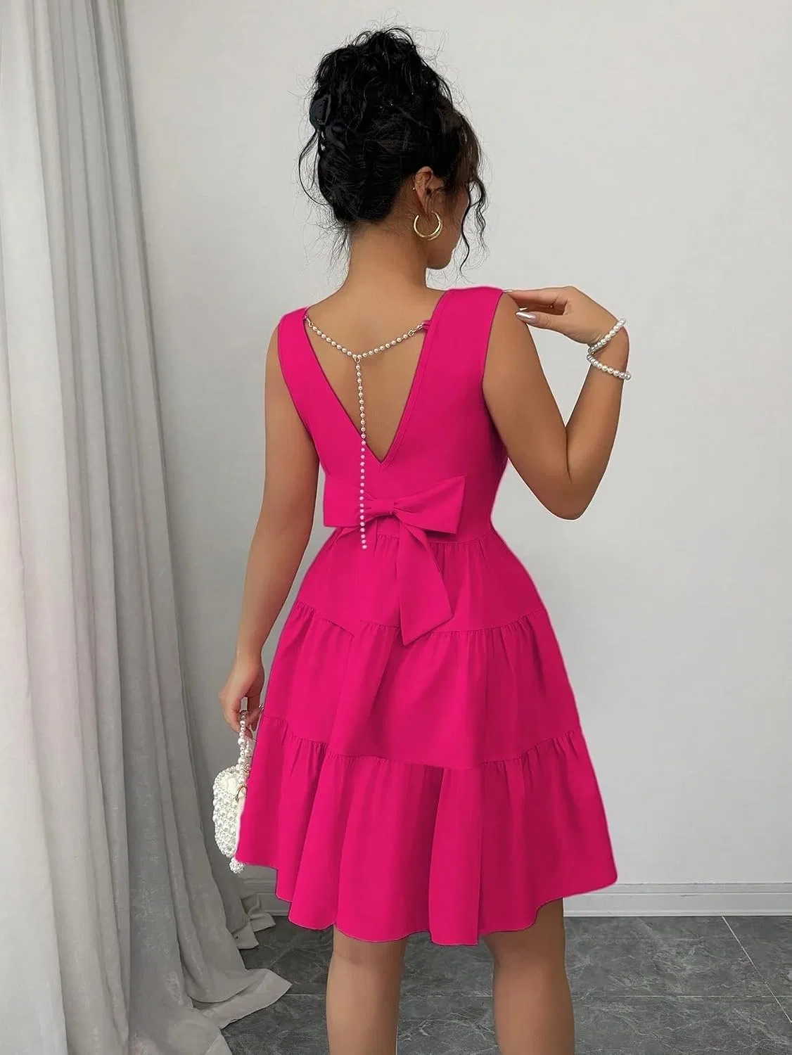 Женское мини-платье с воланами и завязками сзади, Hot Pink — фото 2