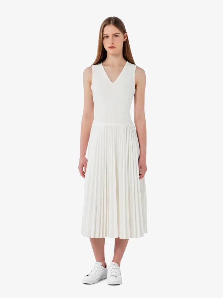 Платье LACOSTE плиссированное с V-образным вырезом, White