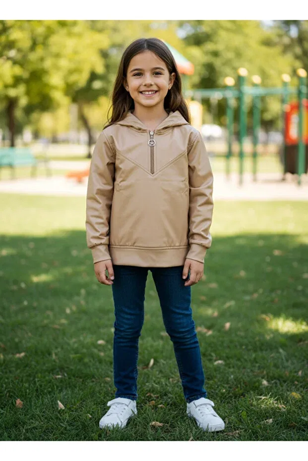 Детское худи для девочек с капюшоном Rose Gold Leather Camel Color Children's Sweatshirt044852 By Piera, Camel