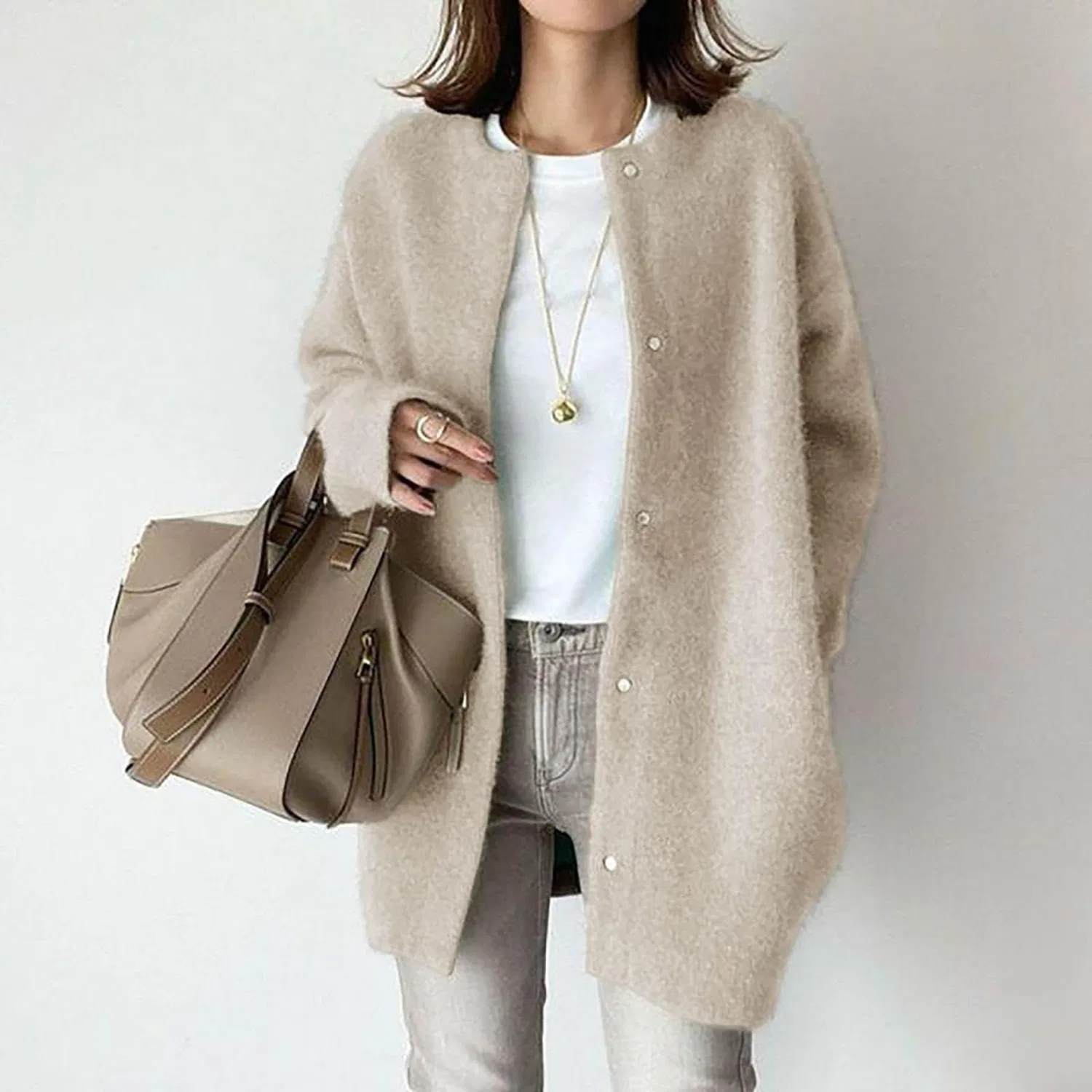 Женский вязаный кардиган с круглым вырезом, длинный, свободного кроя, Beige — фото 2