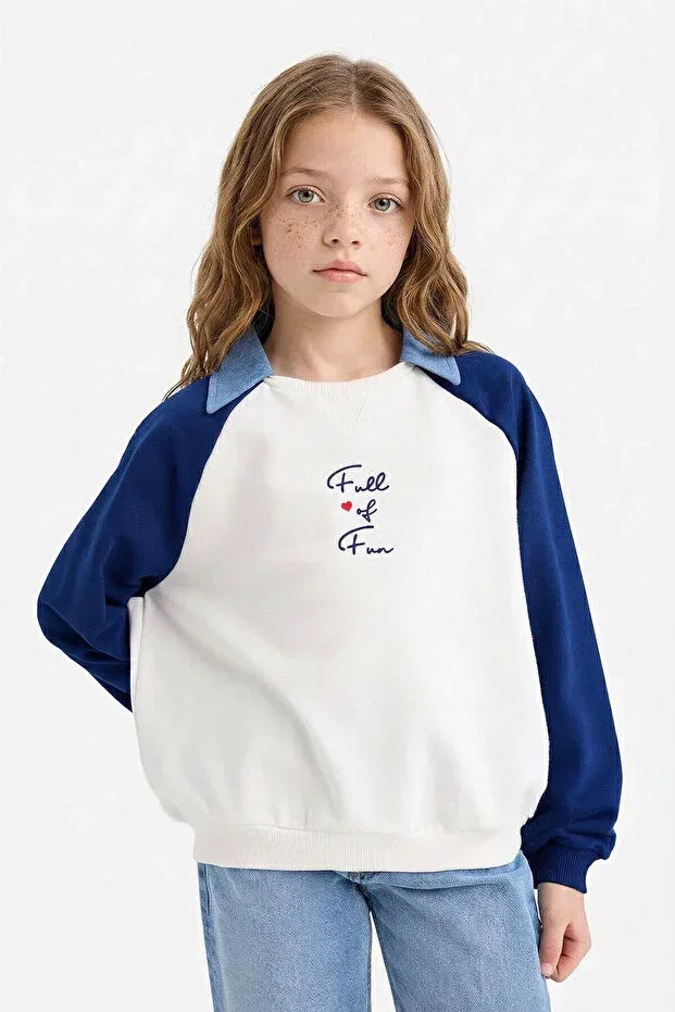 Детские свитшот для девочек с длинным рукавом с принтом Defacto, Navy Blue — фото 3