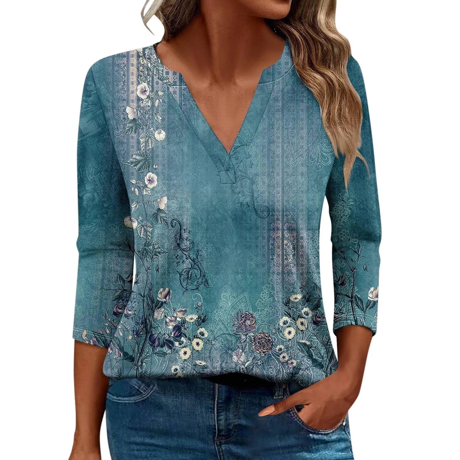 Женская блуза с принтом Women Blouses 3/4 Sleeve V Neck Casual Elegant Summer Boho Floral Print Blouses, 35#azzurro