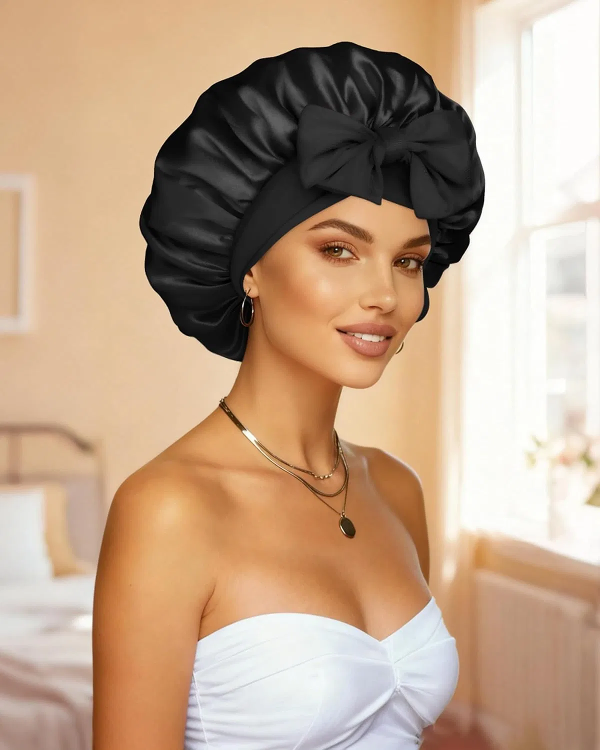 Шапочка для душа Satin Sleep Bonnet, двойной слой, с 2 резинками, CHLINS, черный/красный — фото 3