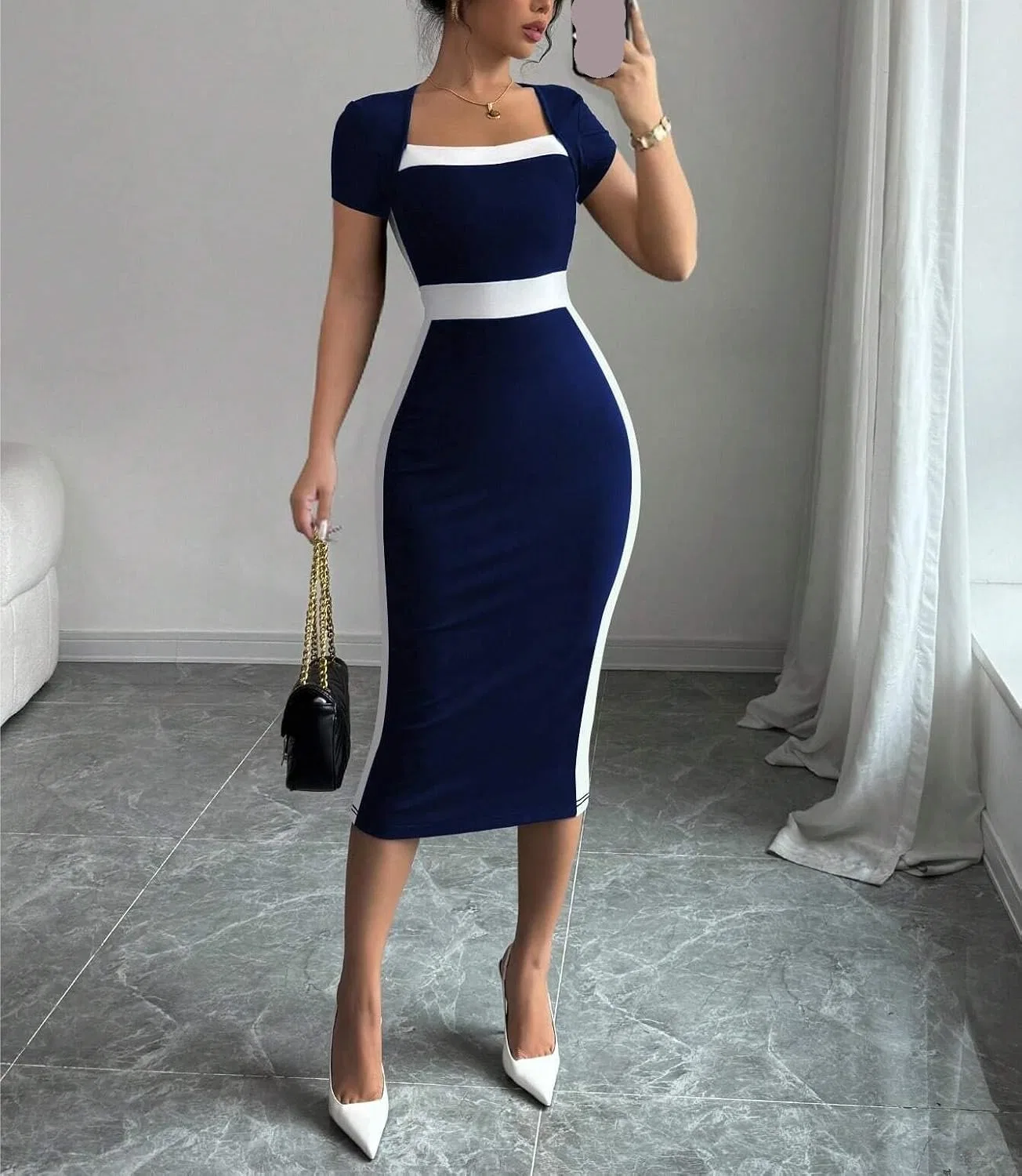 Женское элегантное платье-карандаш с принтом, Navy Blue — фото 2