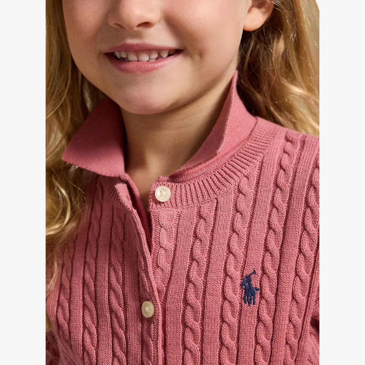 Детский кардиган-поло с пони, мини-кардиган из хлопка крупной вязки Polo Ralph Lauren, розовый — фото 4