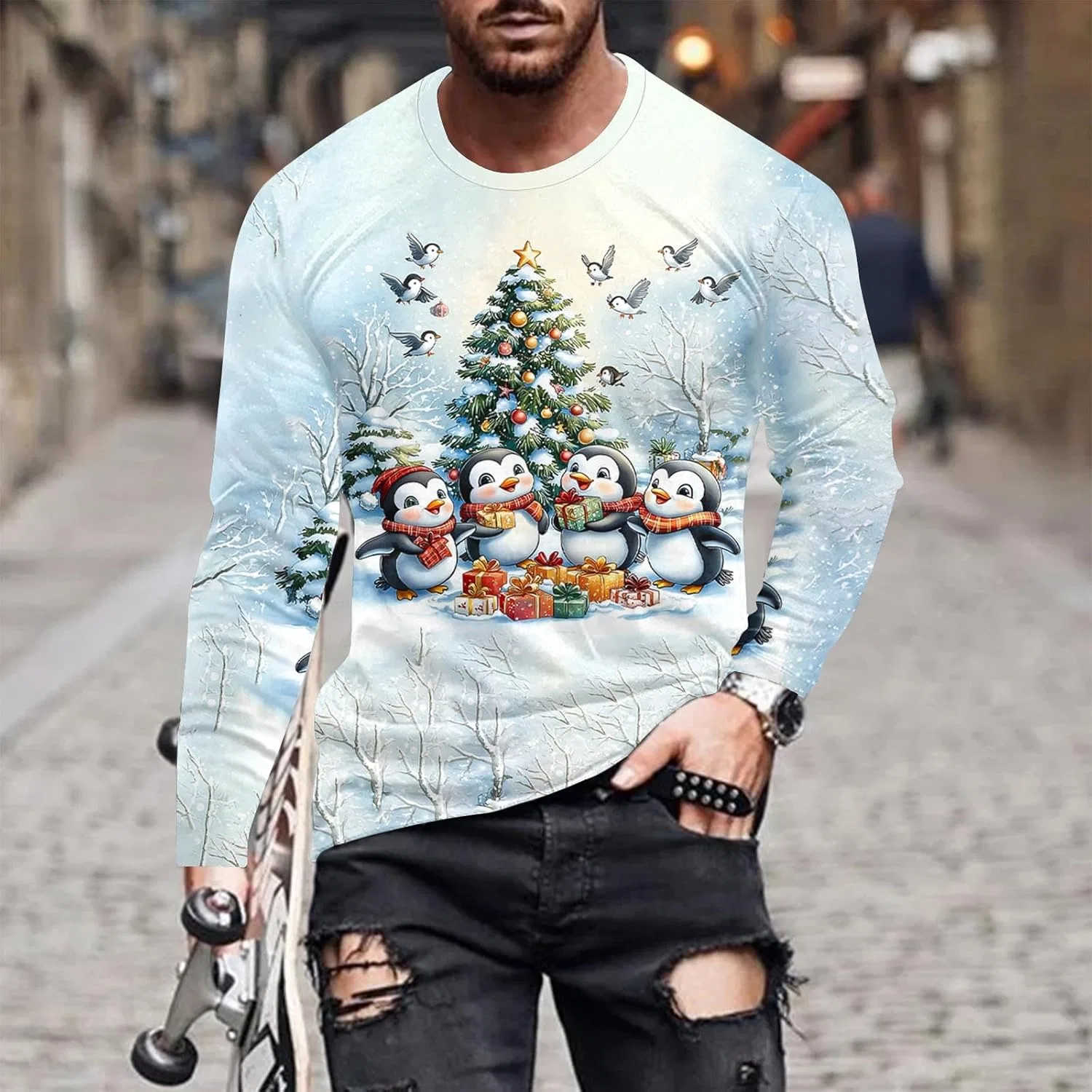 Мужской рождественский свитер с принтом 3D, Crew Neck, Light Blue — фото 2