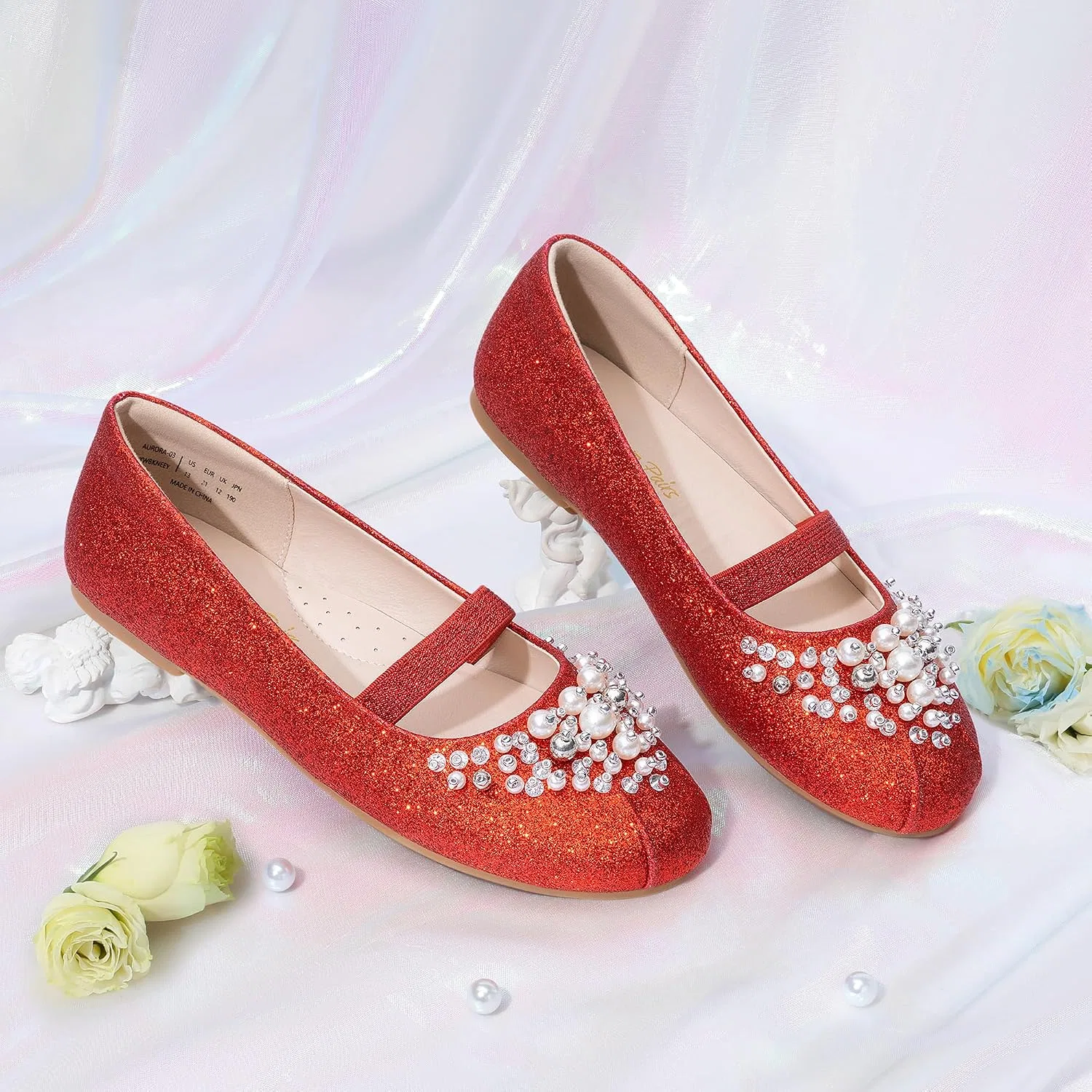 Детские балетки для девочек с цветочным принтом Mary Jane DREAM PAIRS, Red/Glitter — фото 3