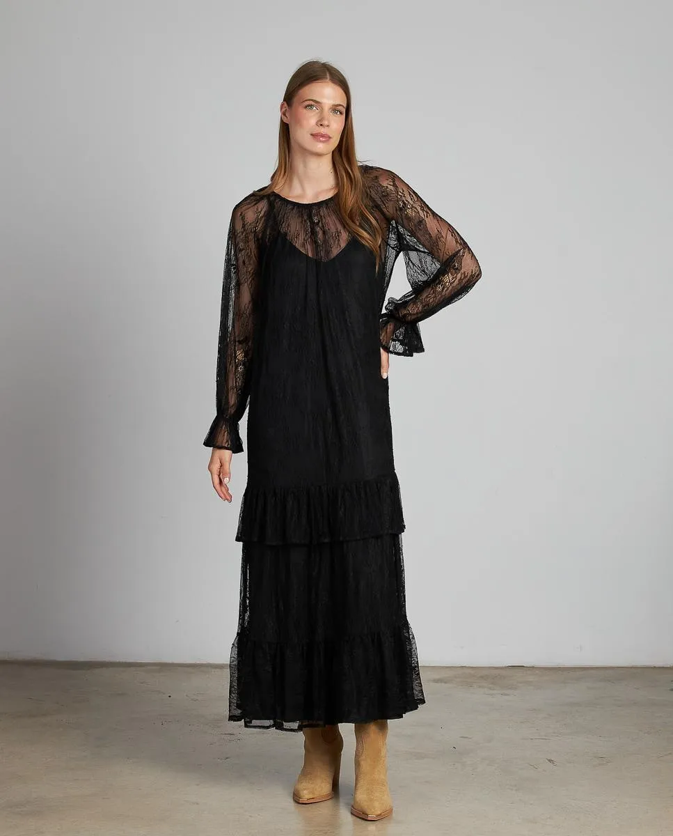 

Длинное кружевное платье с подкладкой и без застежки Alma en Pena, черный