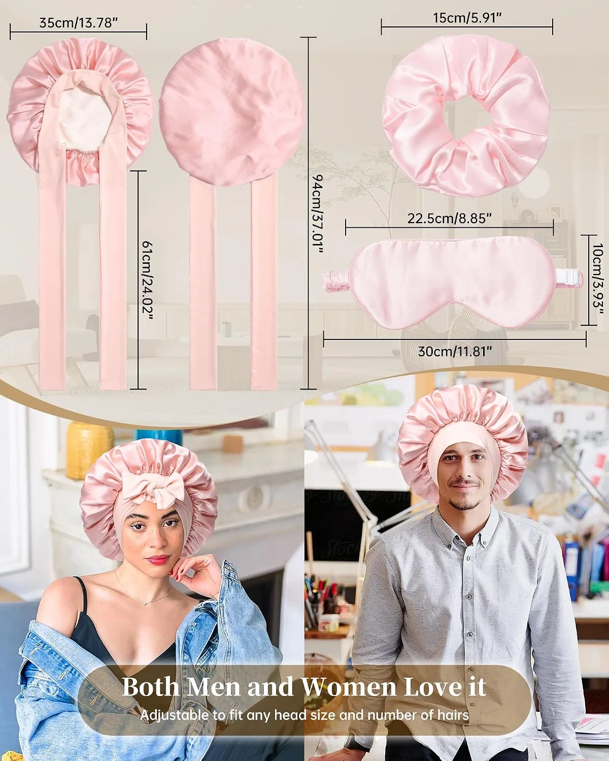 Шелковая шапочка для сна CHLINS, 100% Mulberry Silk, с шелковыми резинками и маской, Pink + Off White — фото 2