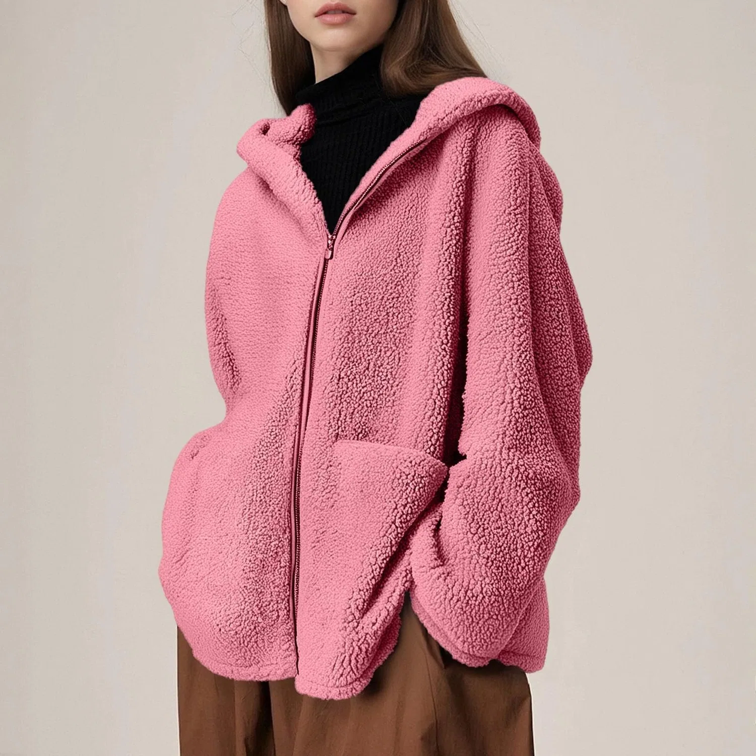 Женская куртка с флисом и длинным рукавом, модель Chef Black Trench Coats, pink — фото 3