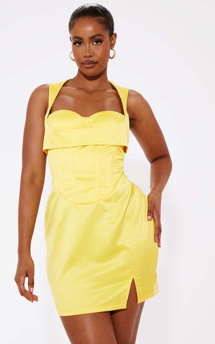 

PrettyLittleThing Желтое мини-платье с корсетом из структурированного атласа, Желтый, PrettyLittleThing Желтое мини-платье с корсетом из структурированного атласа