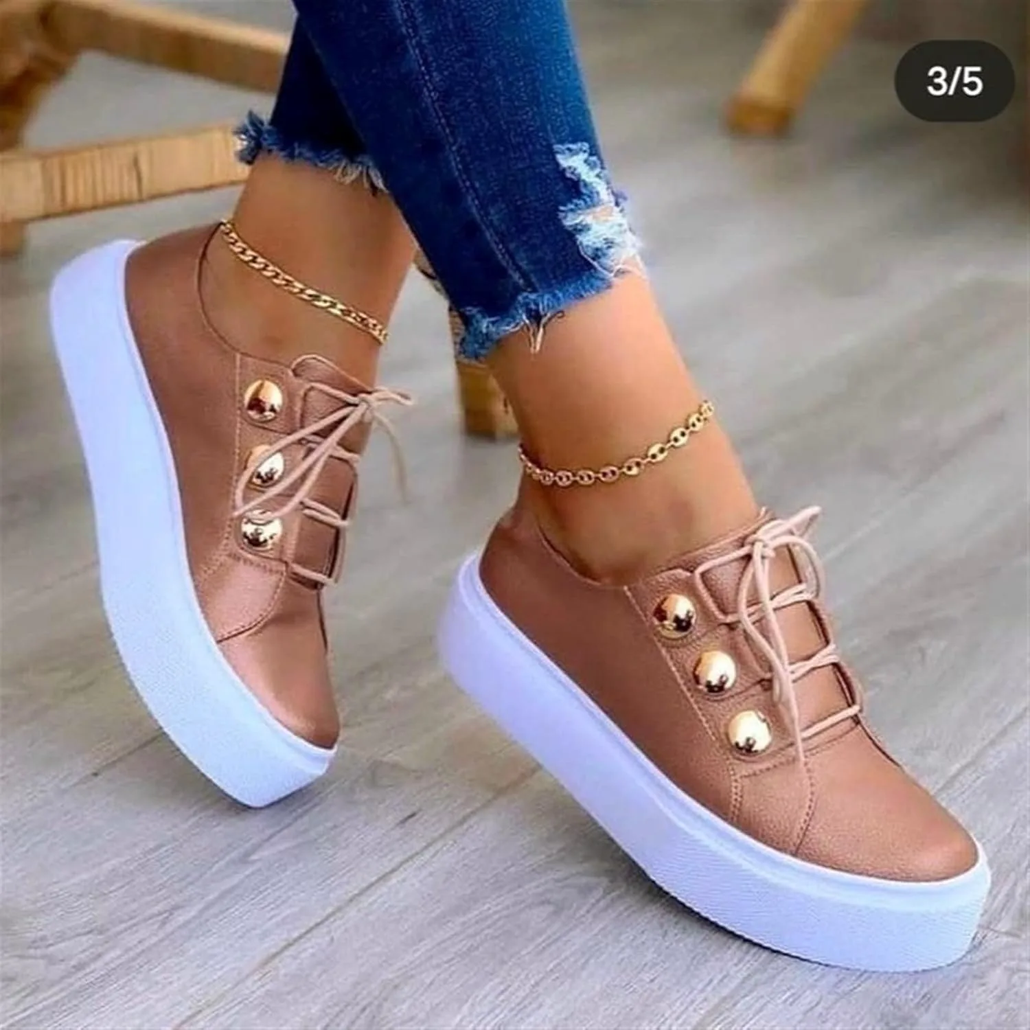 Женские кроссовки Gikleihwy на платформе, круглый носок, заклепки, золотистые — фото 4