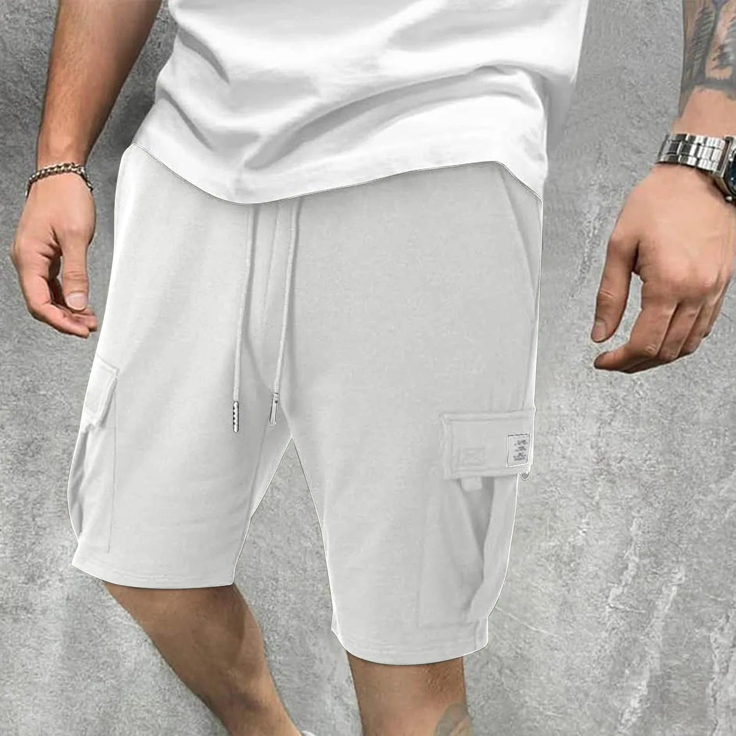 Шорты спортивные мужские с карманами, Elastic Waist Drawstring, белый — фото 2