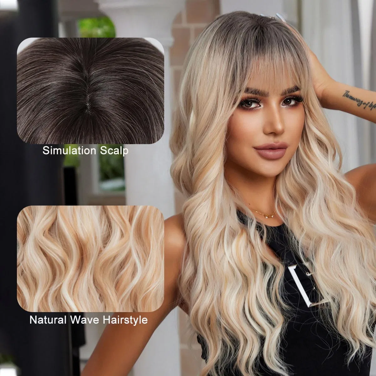 Женский длинный волнистый синтетический парик Allbell с челкой, блонд Allbell, Ombre Blonde 8155-3 — фото 3