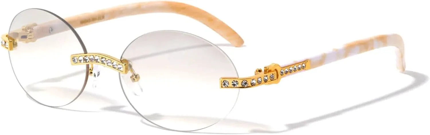 

Солнцезащитные очки Dweebzilla Slim Rimless Round Oval Buffs с металлическими вставками и стразами, имитирующими дерево, Gold & Ivory Frame - Grey Smoke Lenses