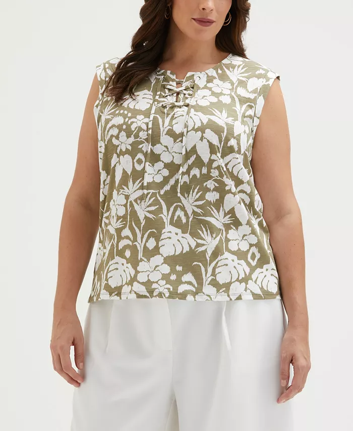 

Майка без рукавов со шнуровкой и тропическим принтом больших размеров ELLA Rafaella, зеленый