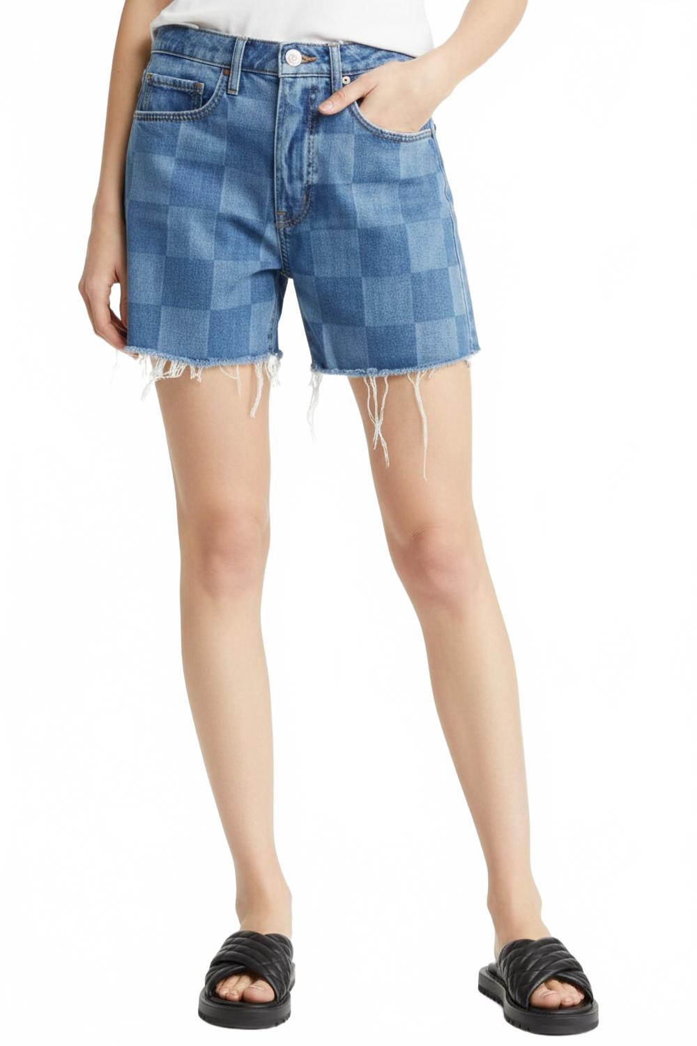 

FRAME Винтажные шорты с высокой посадкой и необработанными краями в клетку цвета индиго