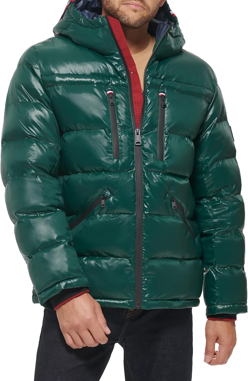 

Мужская блестящая стеганая куртка Tommy Hilfiger Mens с логотипом средней толщины, Green
