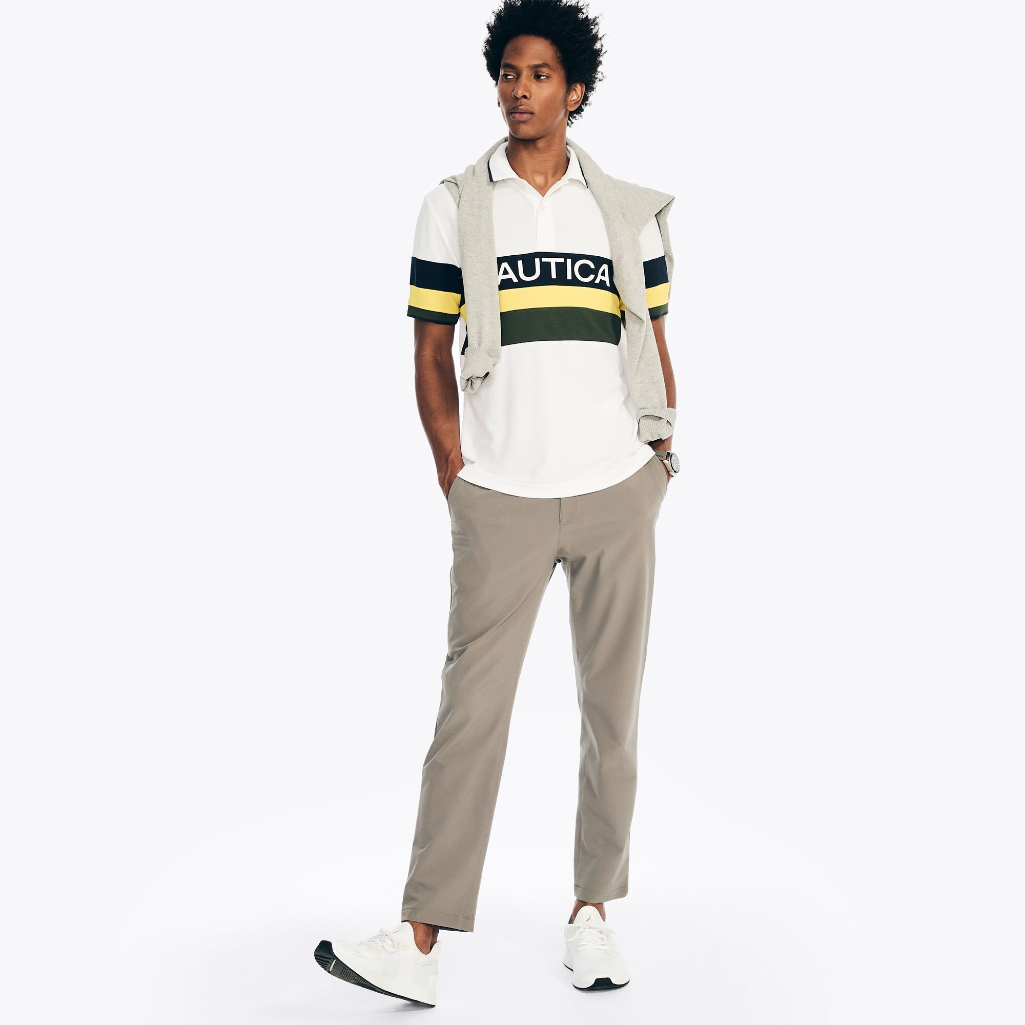 

Мужская рубашка-поло Nautica Navtech Sustainably Crafted Classic Fit Chest-Stripe Polo, цвет bright white