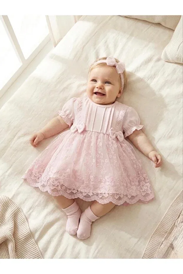 Детское платье для девочек кружевное с комплектом банданы Miniday Baby, Pink