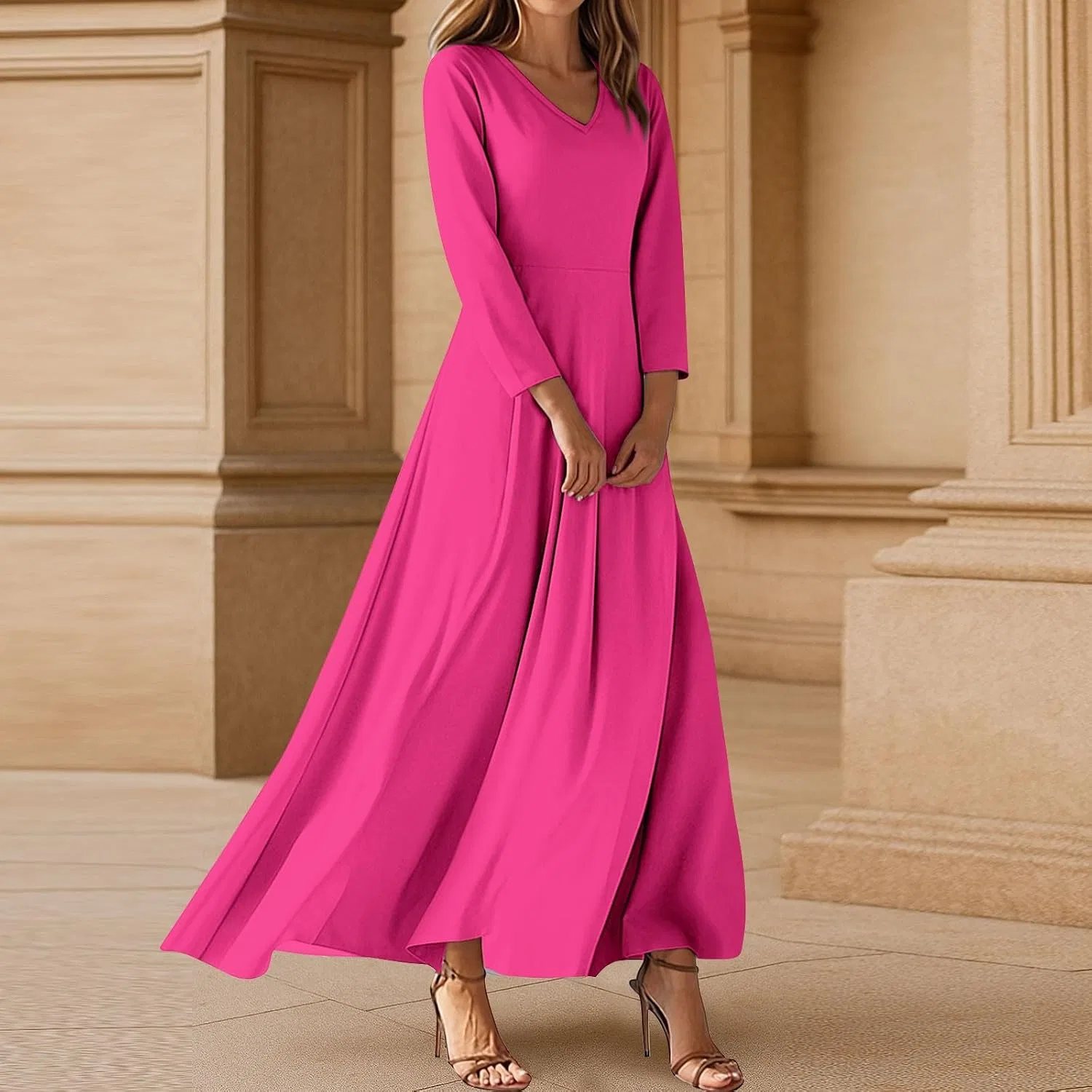 Женское макси-платье с V-образным вырезом, Hot Pink — фото 2