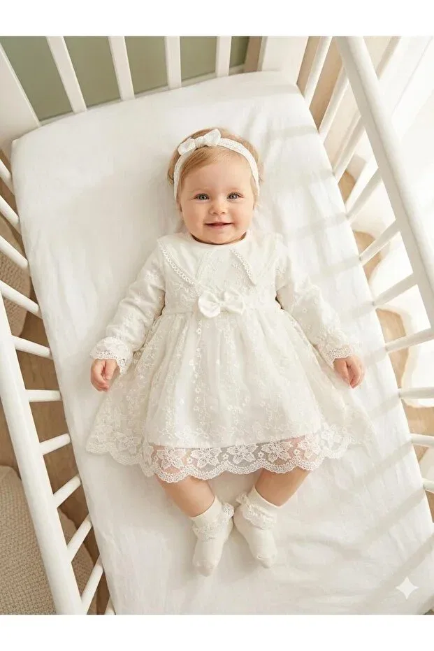 Детское платье для новорожденных с кружевом Mevlutluk Bebila Baby, Ecru