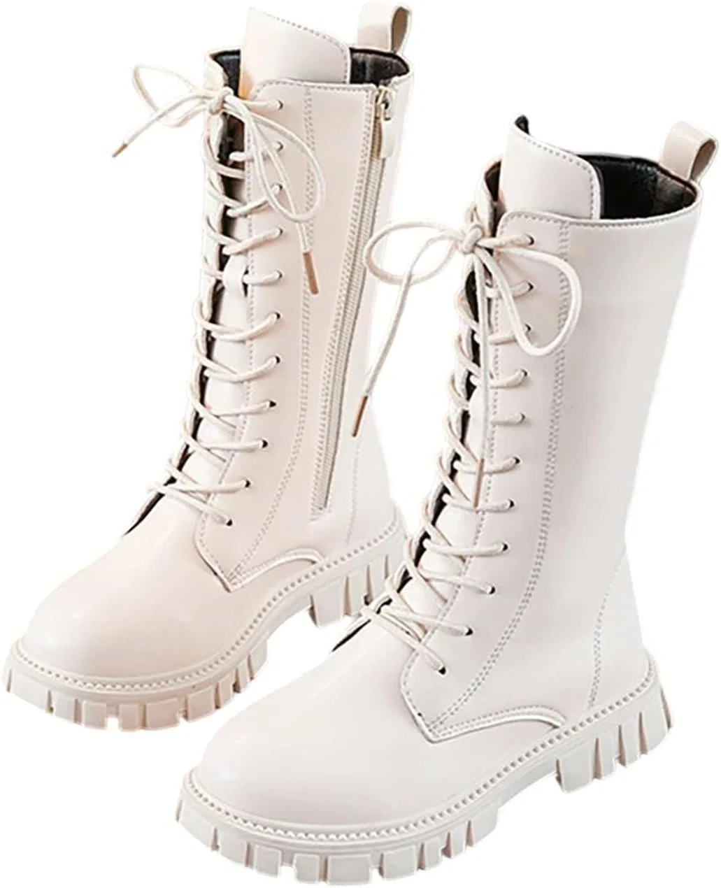 Детские ботинки на шнуровке с молнией Leather Spring Fall Lug Sole Punk Outdoor для девочек, White