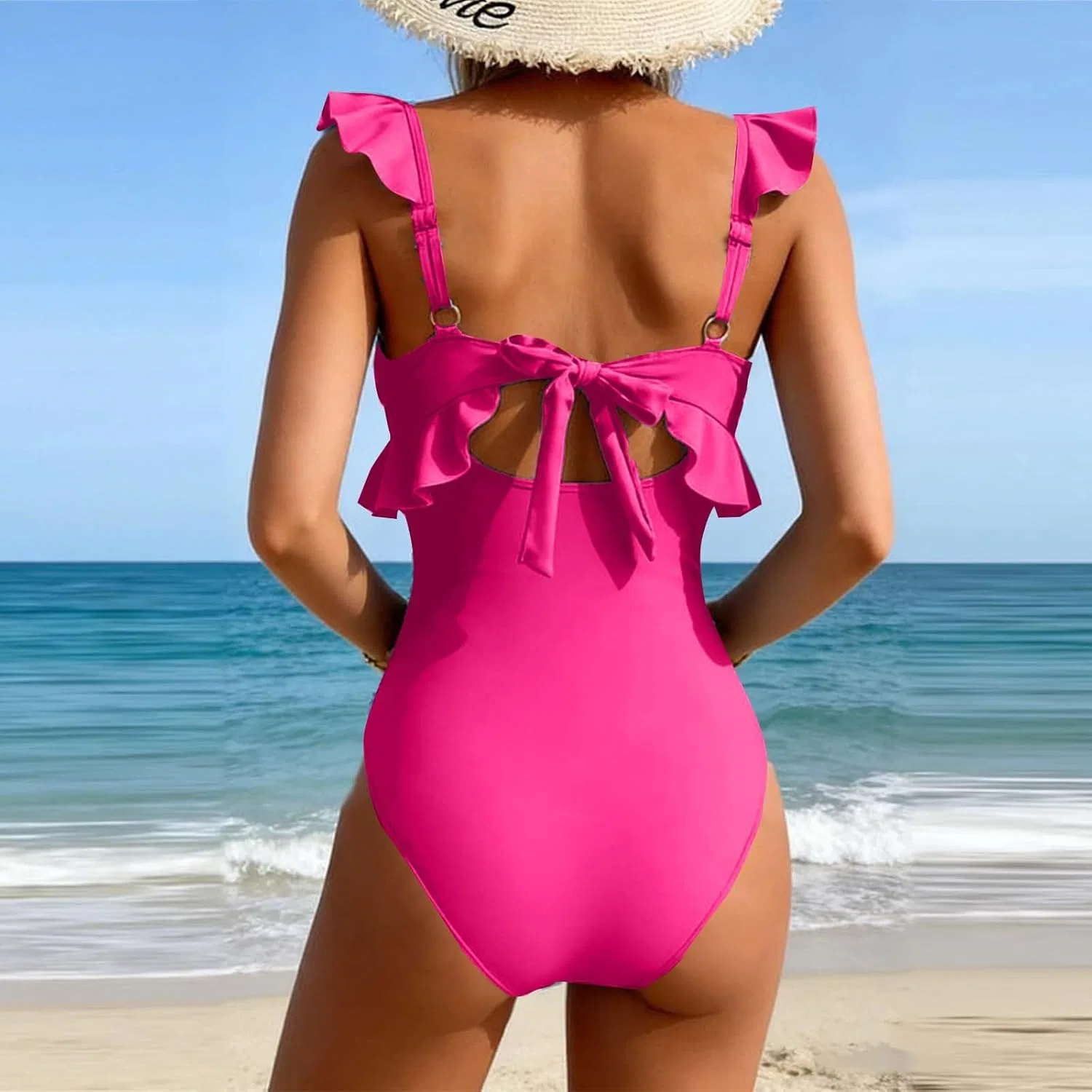Женский слитный купальник с V-образным вырезом и узлом спереди Generic, Hot Pink — фото 3
