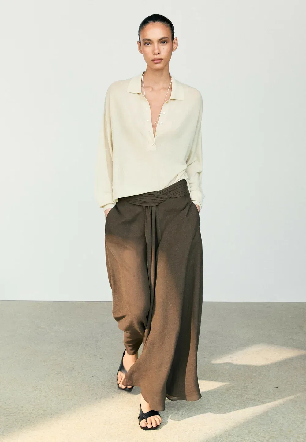 Полупрозрачная льняная юбка - юбка макси Massimo Dutti, Brown — фото 4
