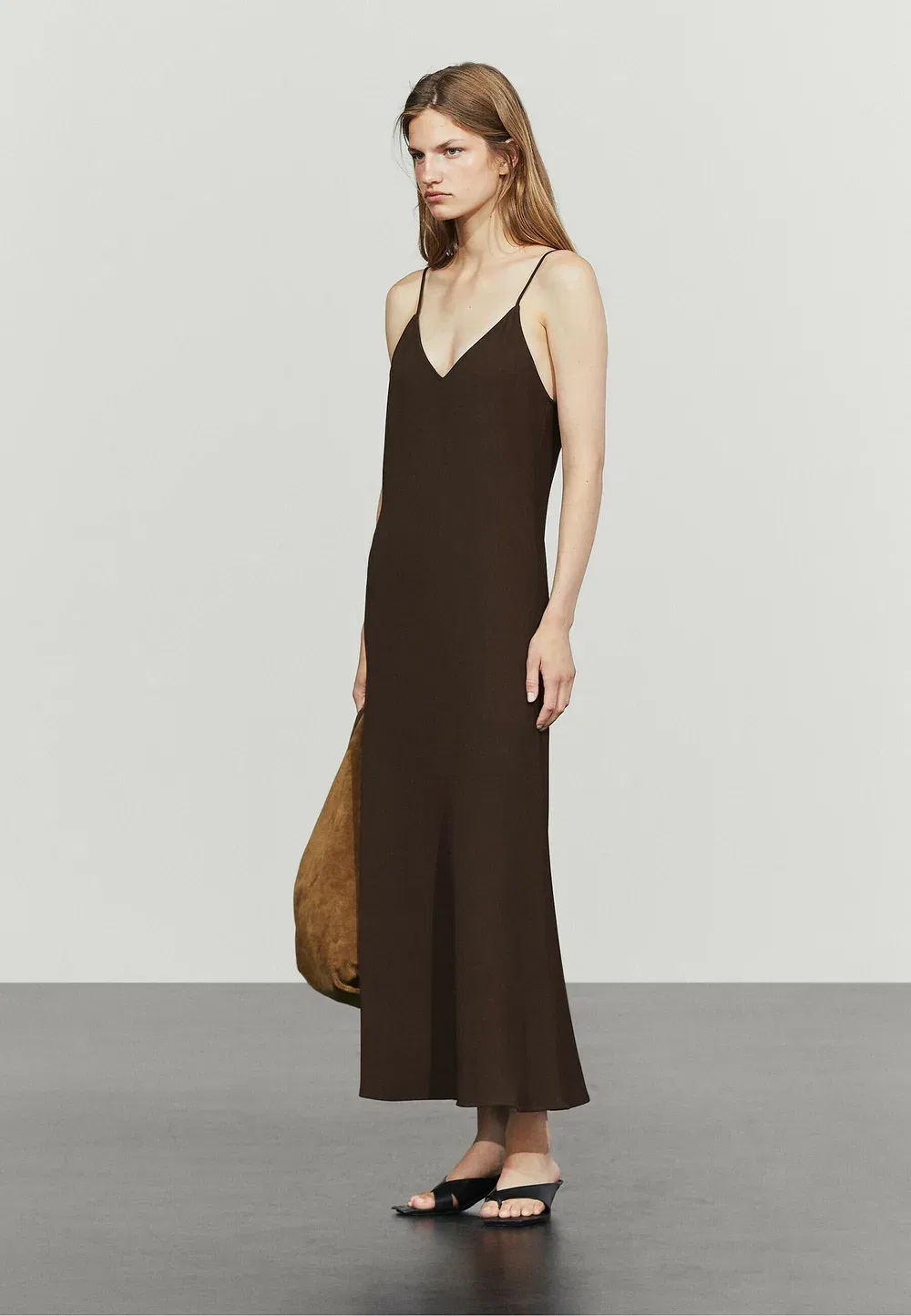 Струящееся атласное платье миди - платье макси Massimo Dutti, Brown
